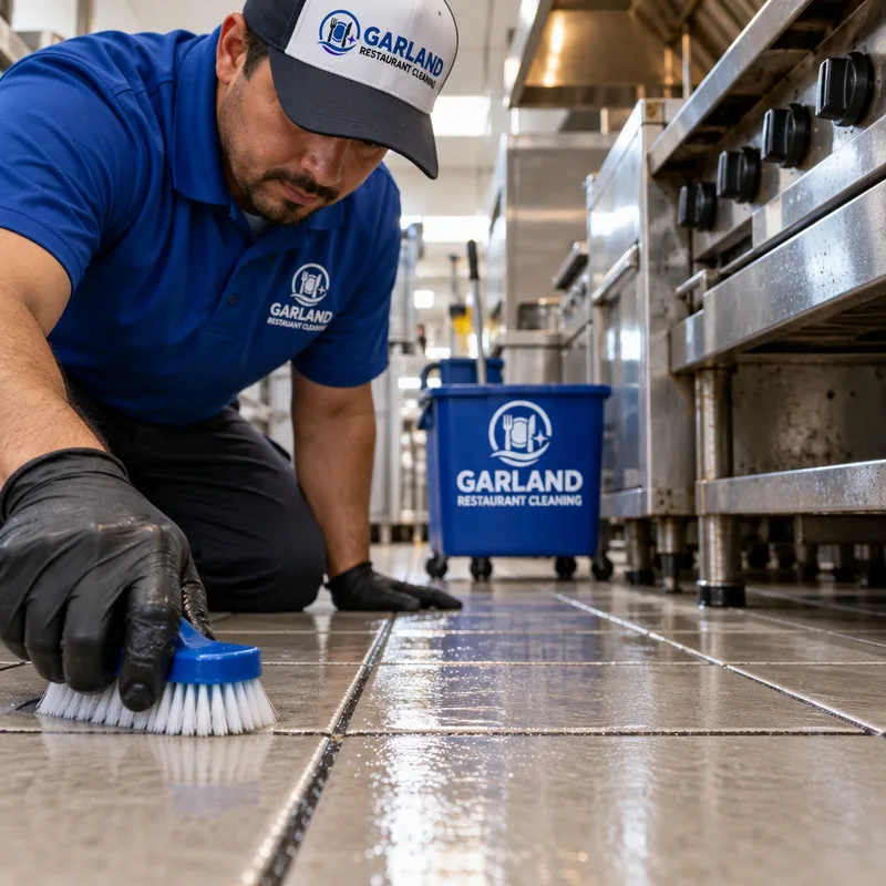 Degreased commercial kitchen tile and grout lines near a cook line