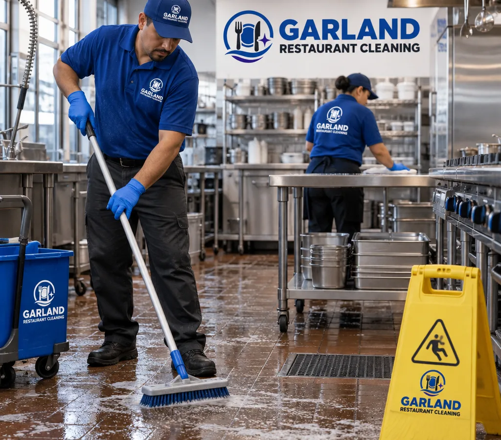 Professional restaurant cleaners mopping and degreasing a commercial kitchen floor with wet floor signage and stainless prep tables