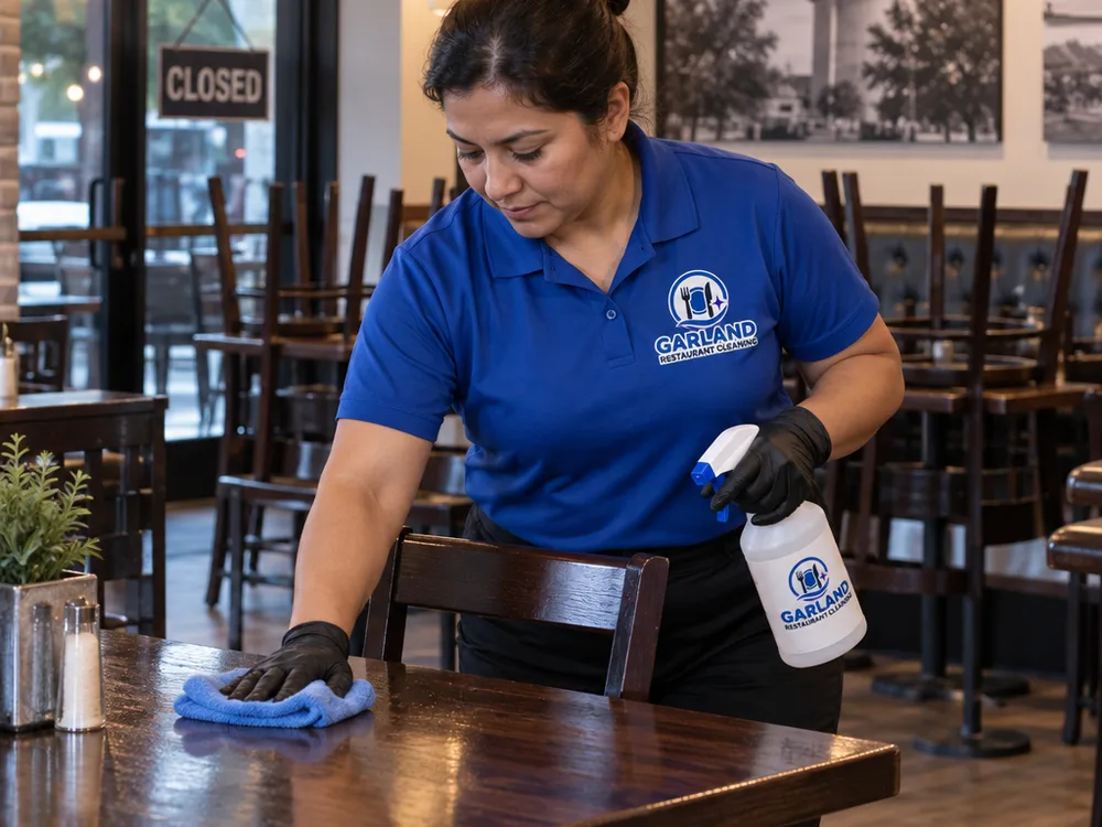 Cleaner wiping and sanitizing restaurant dining tables and chair backs after hours