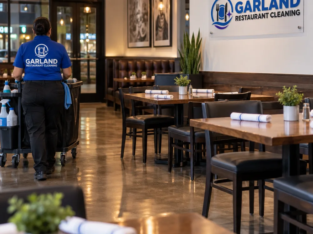Clean restaurant dining room after hours with tables reset, floors cleaned, and trash removed