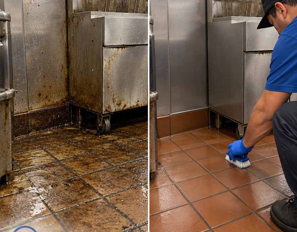 Before and after comparison of a fryer-station floor corner showing greasy grout versus scrubbed and degreased grout lines