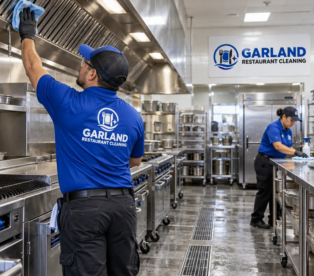 Commercial kitchen line in Garland after a deep clean with hood canopy, stainless prep tables, floor drains, and staff working safely in PPE