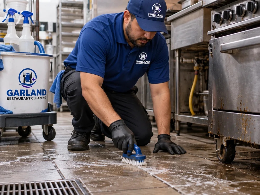 Cleaner detailing a commercial kitchen floor and grout line near a cook line with equipment pulled slightly forward and degreasing tools staged neatly