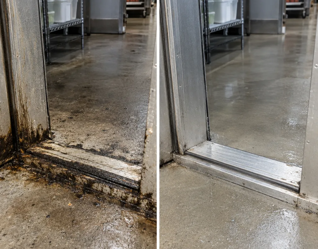 Before and after view of a walk-in cooler threshold with dark floor-edge buildup removed