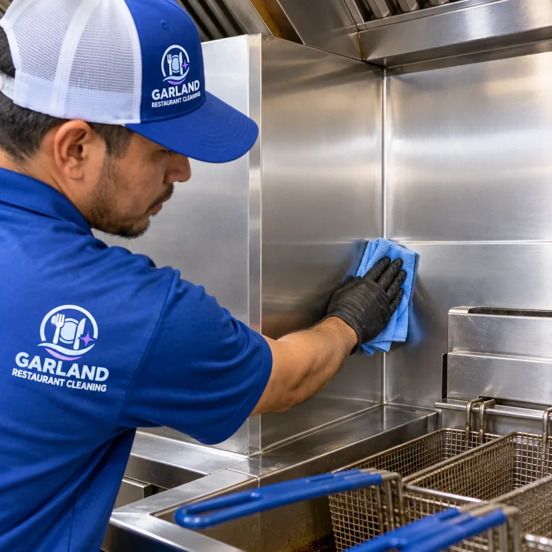 Cleaned stainless backsplash and fryer side panels with grease removed from seams and corners