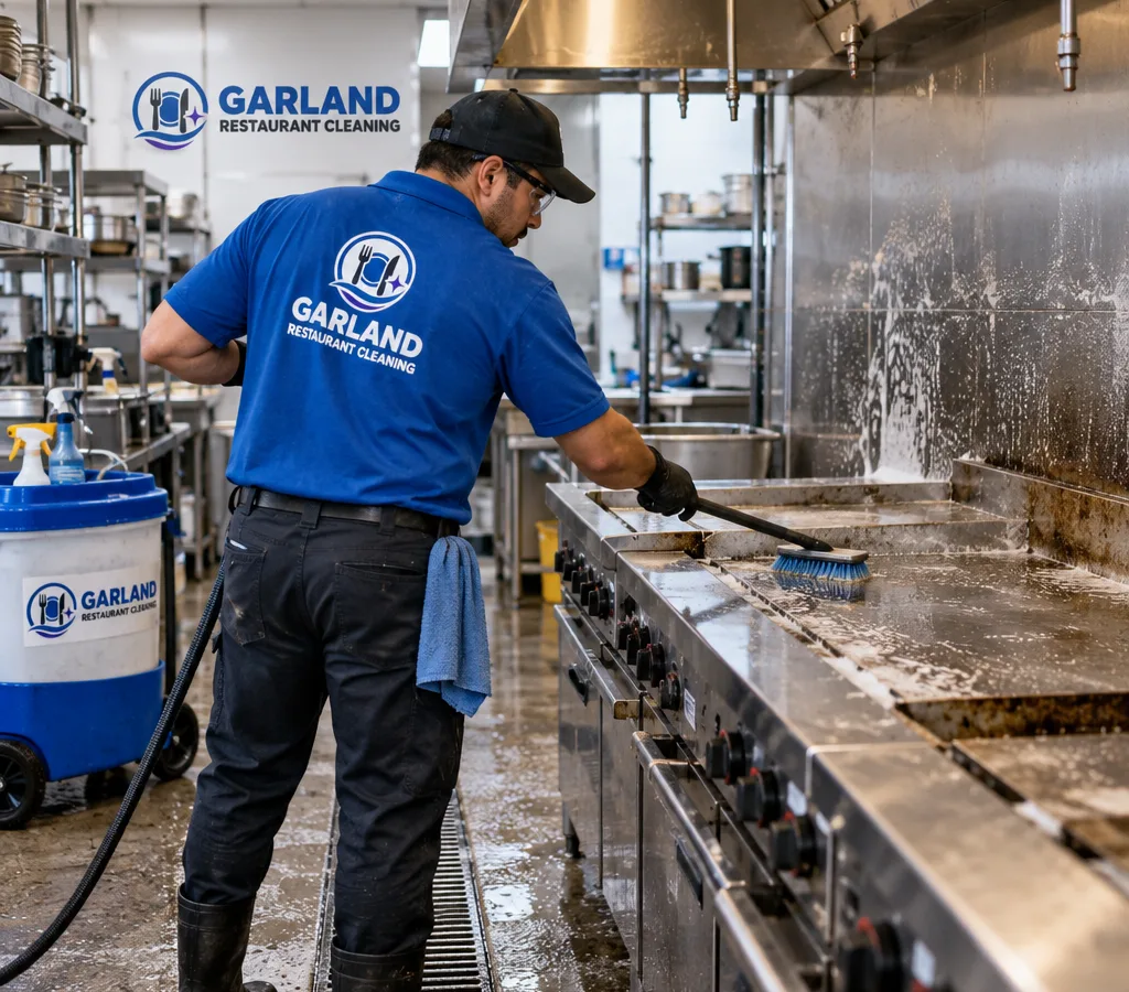 Technician degreasing a commercial restaurant cook line and backsplash with floor drains visible