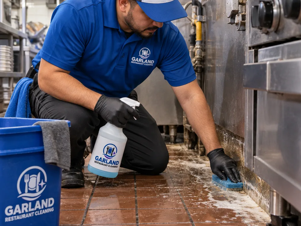 Cleaner scrubbing the floor-wall junction behind a commercial cook line with equipment moved for access