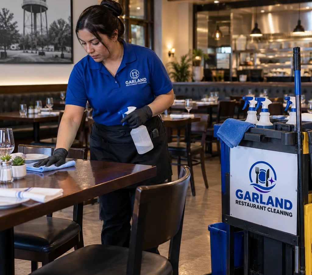 After-hours restaurant staff member cleaning and sanitizing a dining room with tables set and floor care tools visible