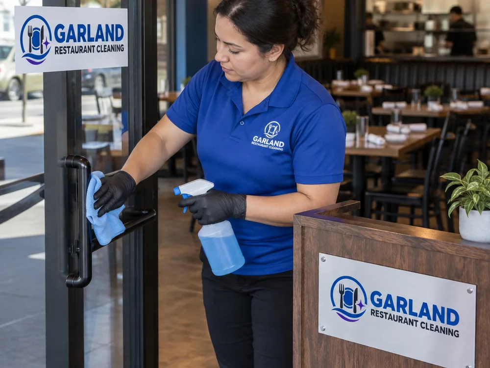 Cleaner disinfecting a restaurant host stand and entry door glass with dining tables visible behind