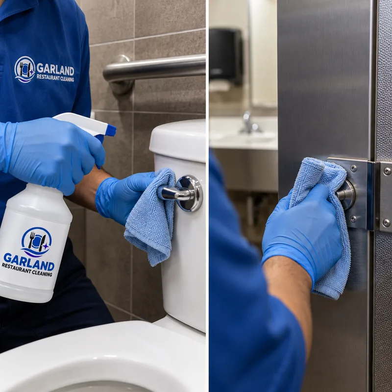 Gloved cleaner disinfecting a toilet flush handle and stall latch with labeled disinfectant and microfiber cloths
