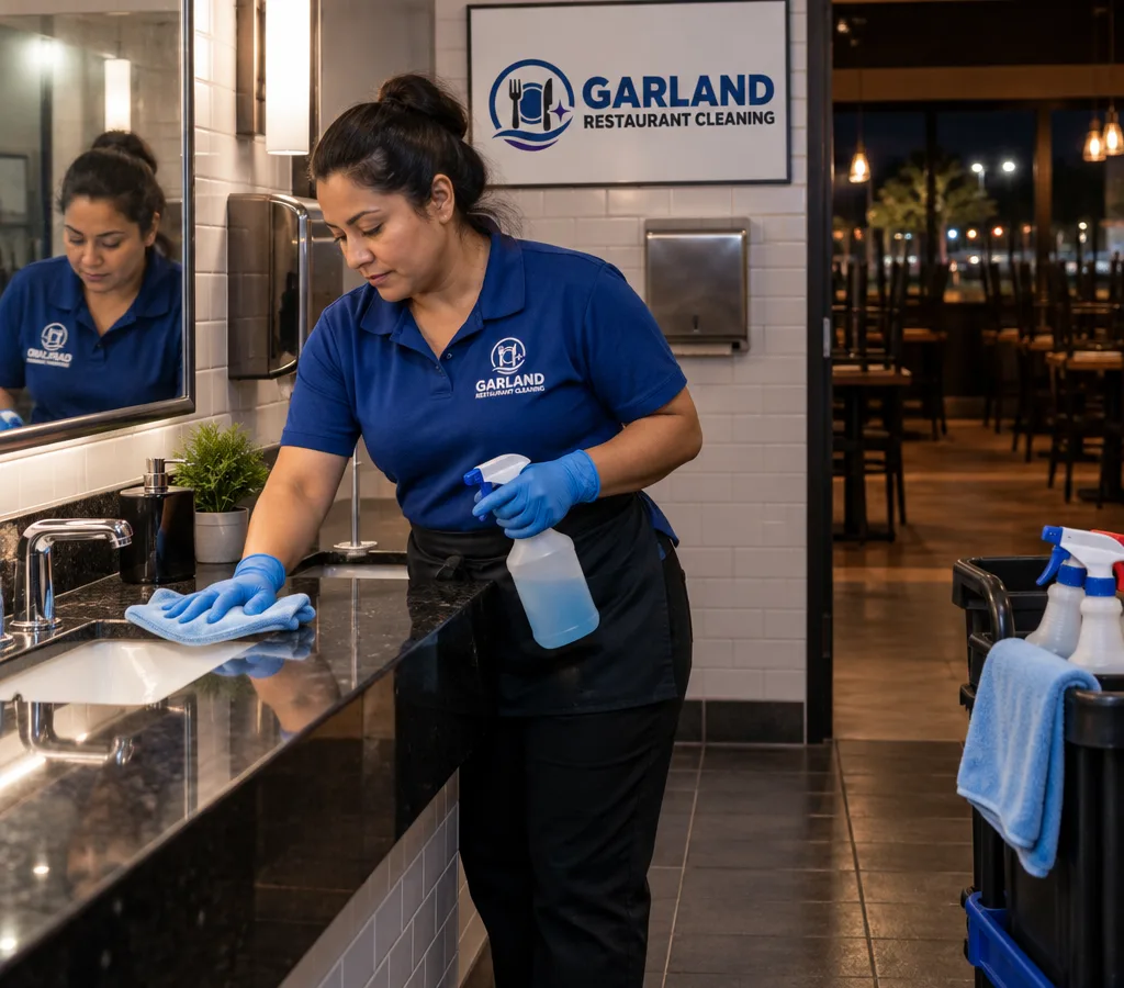 After-hours janitor disinfecting a restaurant restroom sink and counter while the dining room is closed