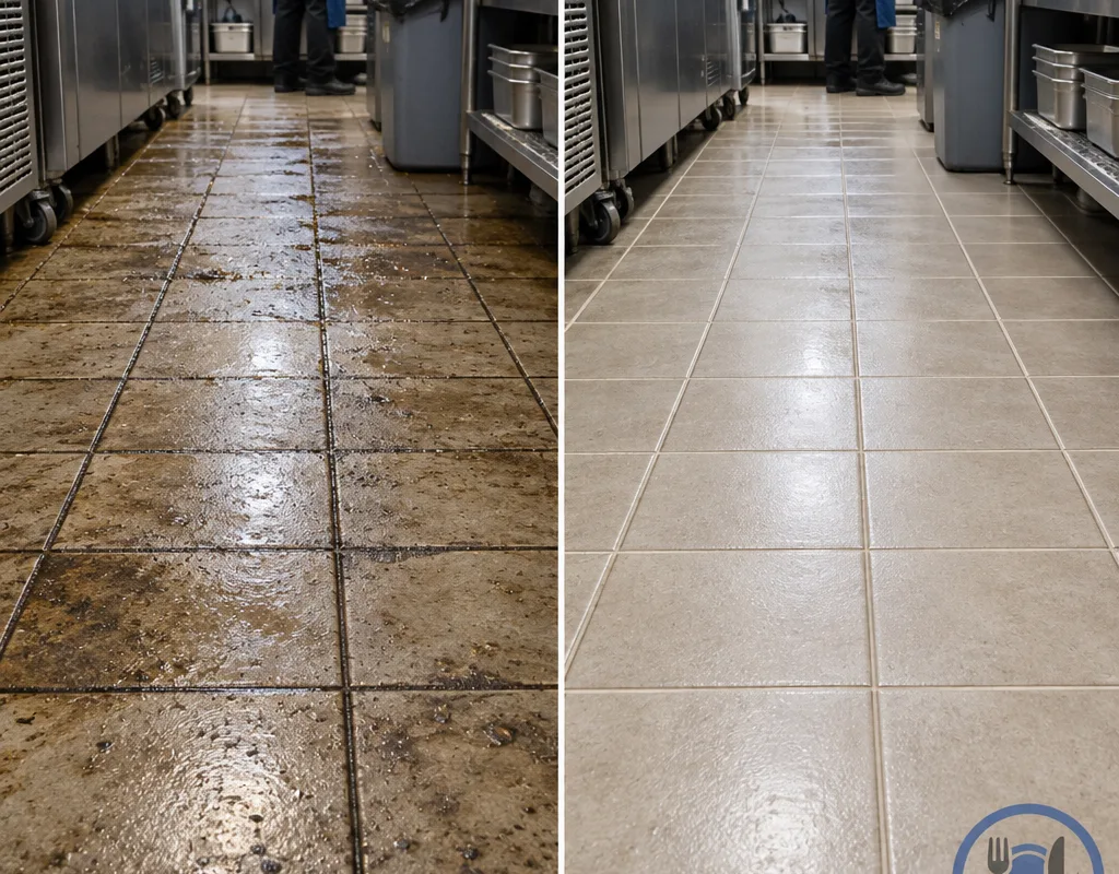 Side-by-side view of a greasy kitchen tile walkway before cleaning and after degreasing with visibly lighter grout lines