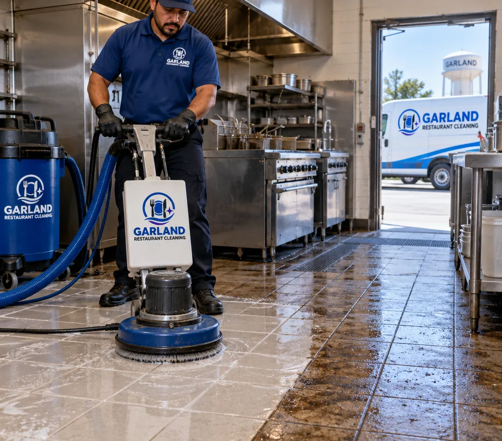 Technician cleaning a greasy commercial kitchen tile floor with a rotary scrubber and wet vacuum, showing the contrast between cleaned and uncleaned areas