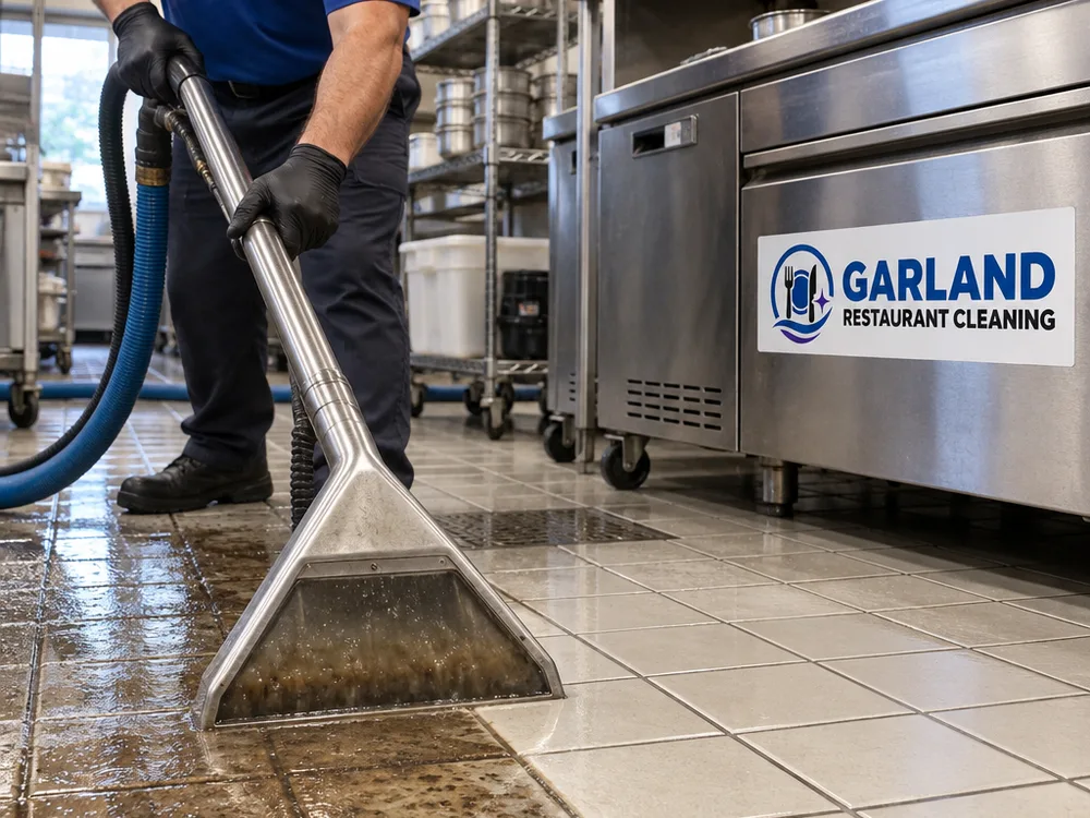 Extraction wand recovering dark rinse water from commercial kitchen tile with clean grout lines behind the tool