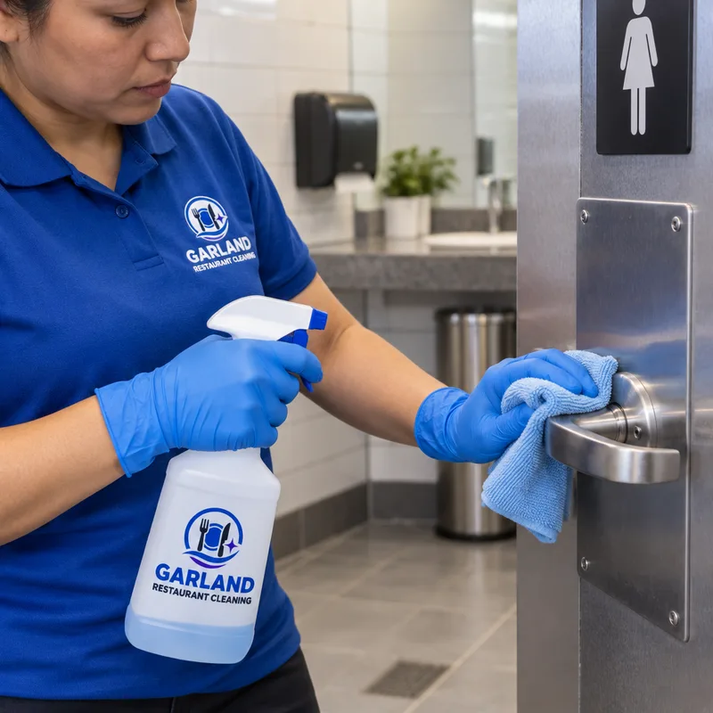 Cleaner disinfecting a commercial restroom door handle and push plate with labeled disinfectant and a clean microfiber cloth