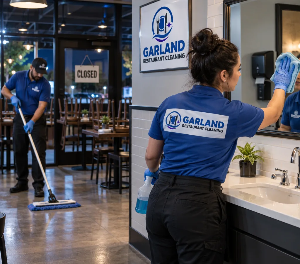 After-hours restaurant cleaning with a cleaner sanitizing a restroom sink while another team member mops the dining area