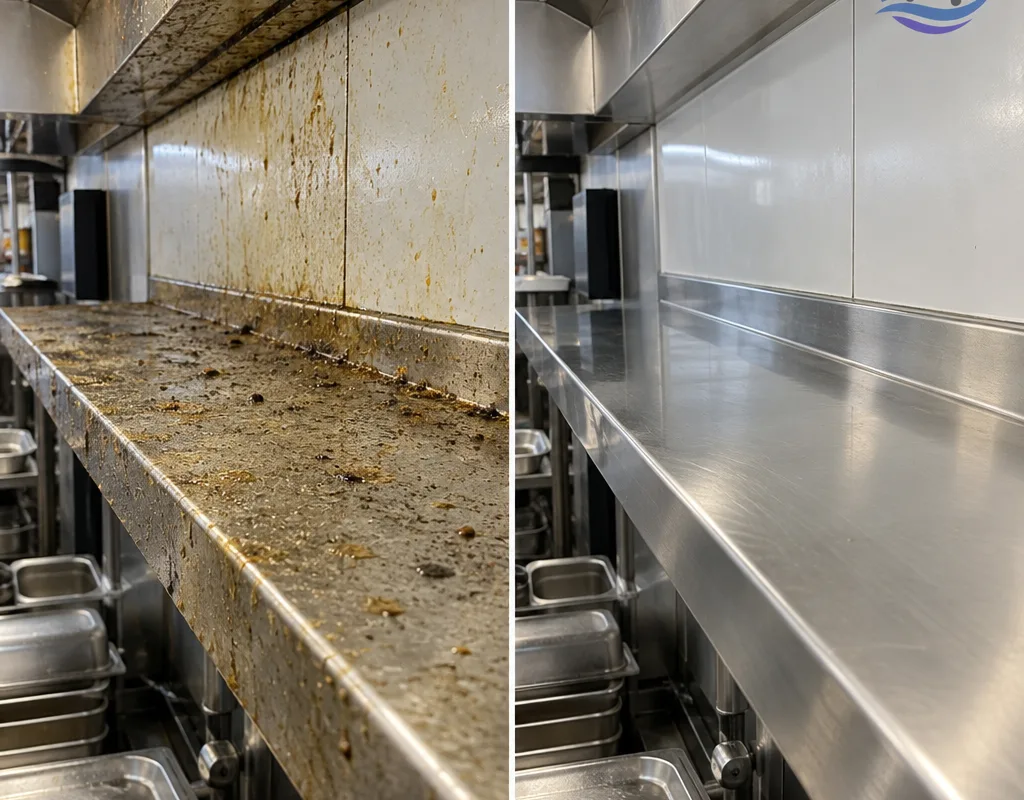 Before and after view of greasy dust removed from stainless wall shelving and an upper commercial kitchen wall ledge