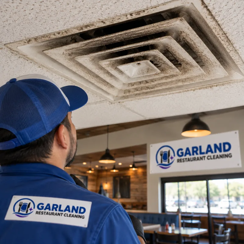 Dusty HVAC ceiling diffuser and surrounding restaurant ceiling tile edge before cleaning
