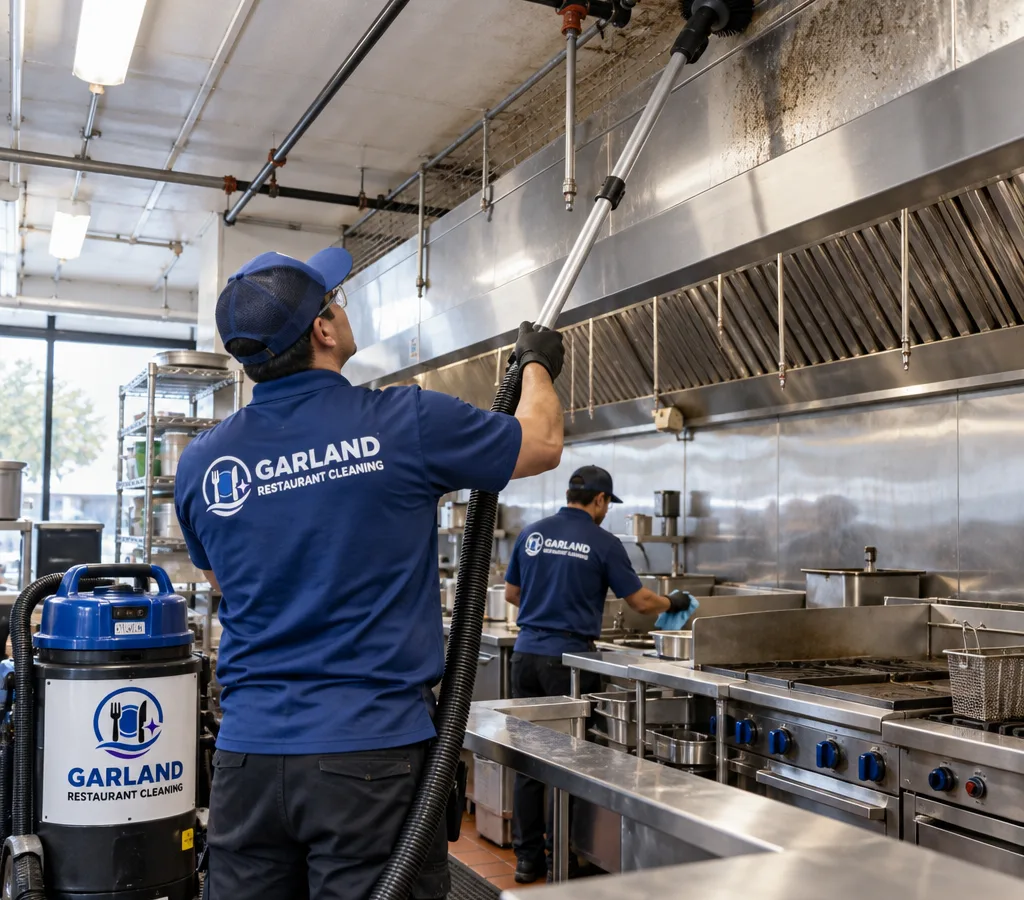 Commercial kitchen crew high dusting above the cook line using an extension pole and HEPA vacuum near ceiling vents and overhead piping