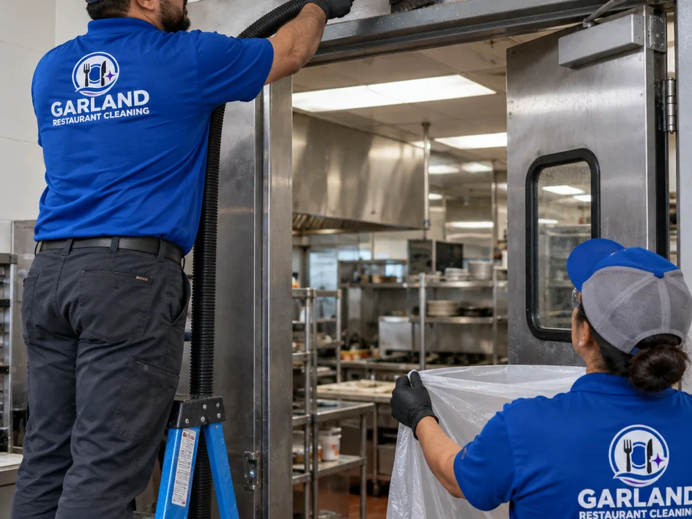 Technician vacuuming the top of a commercial kitchen door frame and adjacent ledge while another technician contains debris below