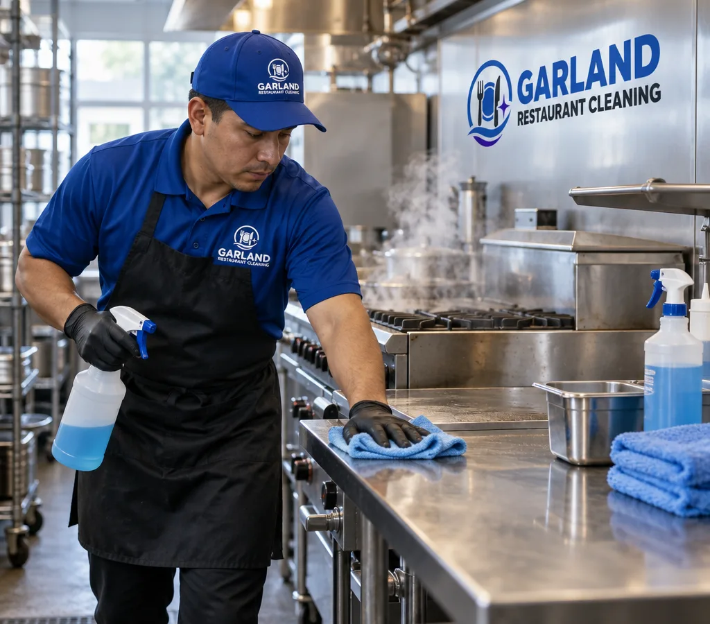 Professional cleaning technician wiping stainless prep tables and a cook line in a Frisco-area commercial kitchen