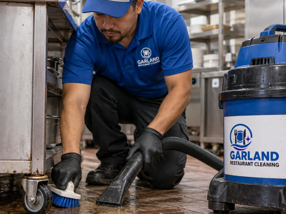 Technician detailing a commercial kitchen floor edge beneath a movable prep cart