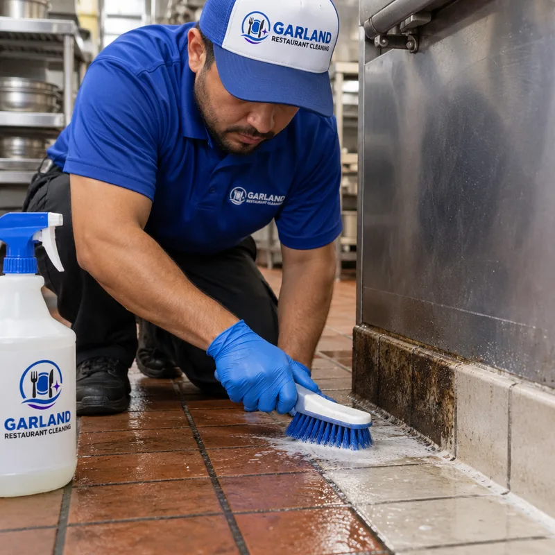 Technician hand-scrubbing greasy commercial kitchen floor grout and cove base with a deck brush and degreaser, showing cleaned and uncleaned sections