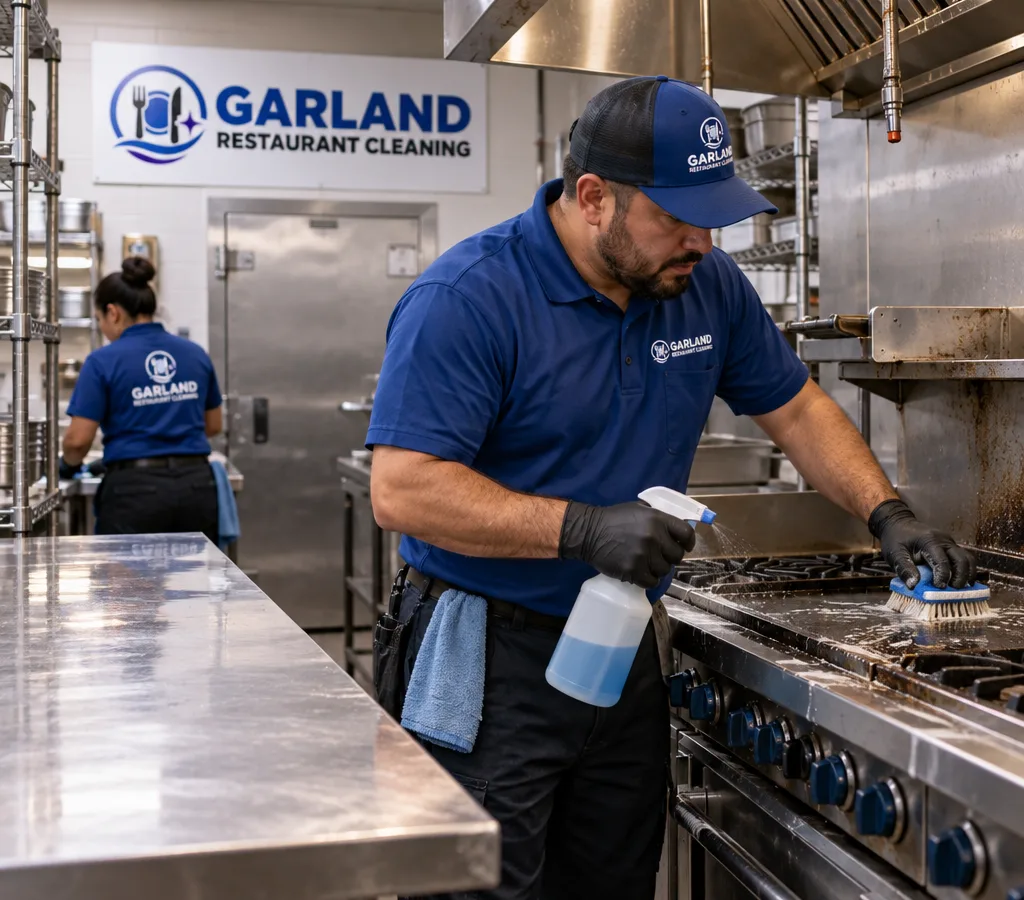 Professional cleaner sanitizing stainless prep tables and degreasing a commercial range line in an active restaurant kitchen after hours