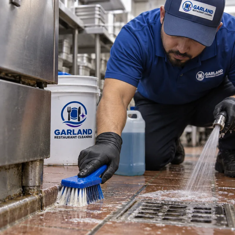 Technician detail-cleaning a commercial kitchen floor edge and grout line near a floor drain with degreaser and clean-water rinse