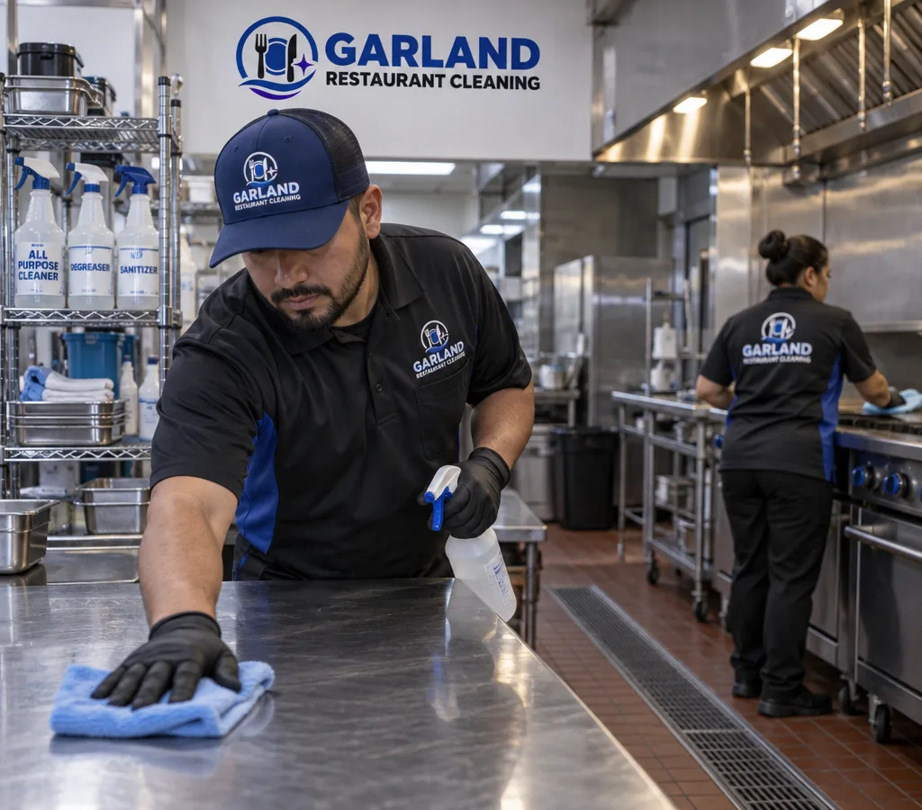 After-hours restaurant kitchen cleaning with a crew member wiping stainless prep tables near a hood line, floor drains, and labeled food-safe supplies