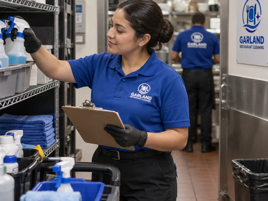 Cleaning team member restocking supplies and checking a cleaning checklist inside a restaurant service corridor